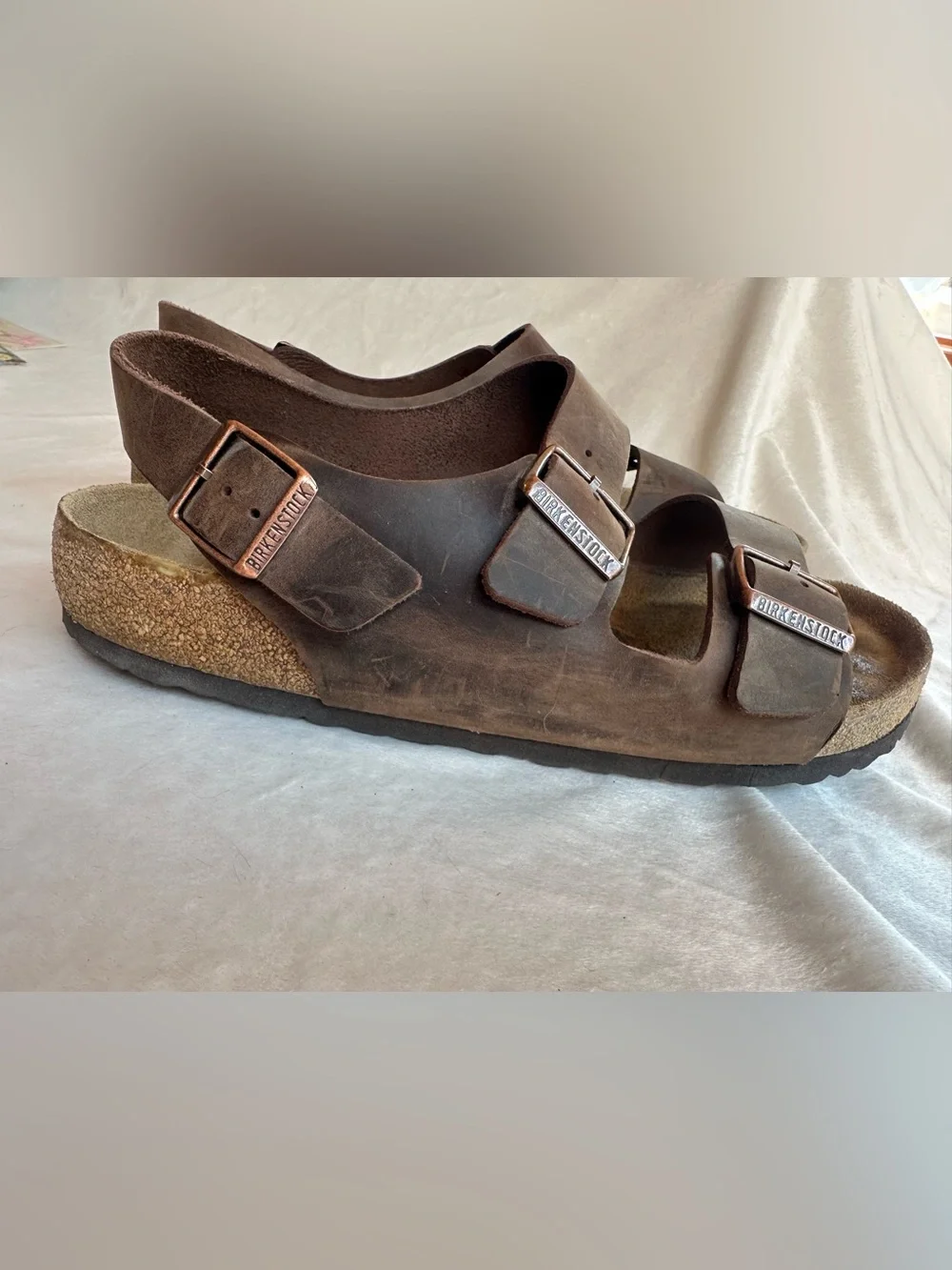 Birkenstock Men's Triple-Strap Brown Leather Sandals with Copper Buckles